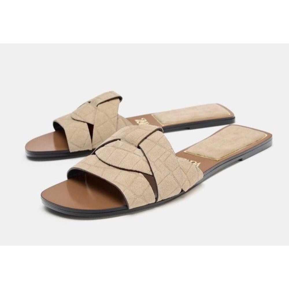 Zara Womens Ivory Leather Criss Cross Flat Slip On Slide Sandals Size 38